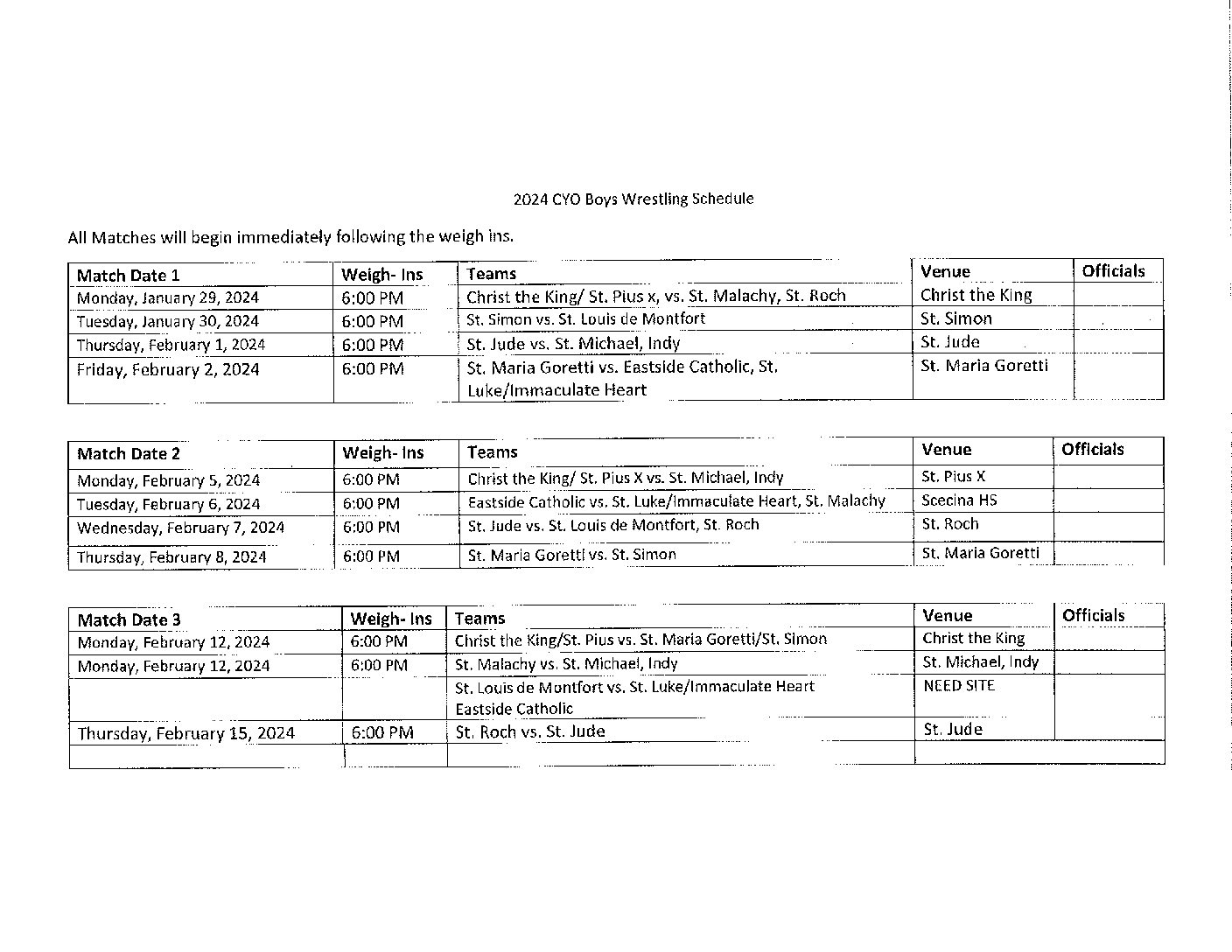 2024 Wrestling Schedule CYO